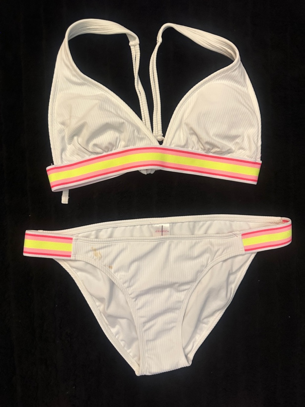 White Ribbed Bikini Set with Neon Stripe Trim